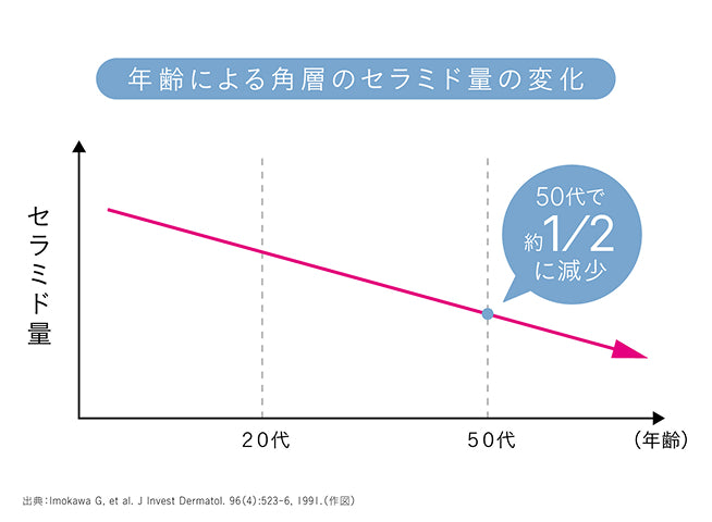 セラミドの量は、50代では20代の約1/2に